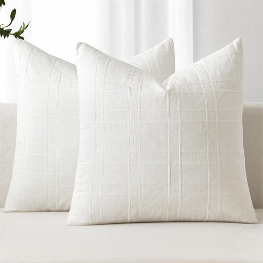MIULEE Decorative Linen Check Euro Shams Throw Pillow Covers Neutral Farmhouse Vintage Pillow Covers 24x24 Set of 2 Boho Modern Home Decor for Sofa Couch Bedroom Cushion Cream White