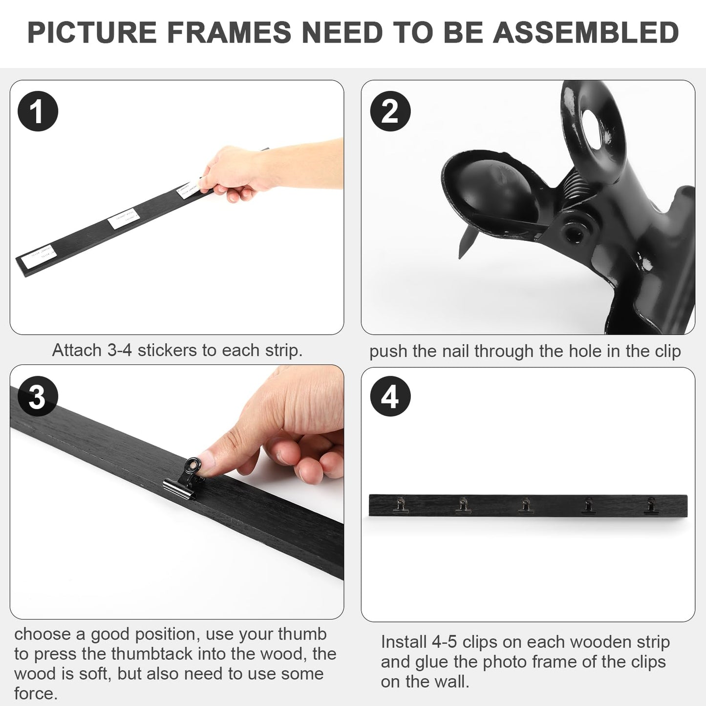 Aiyome 6 Picture Frames Collage Wall Decor With 30 Clips, Wood Photo Frame, No Drilling Required, Adhesive Stickers, Easy to Install, Black.
