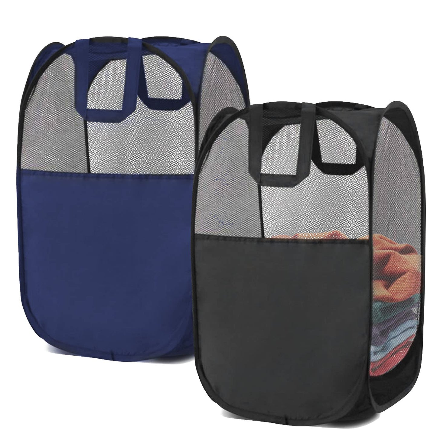 BENJUNC 2 pop-up foldable mesh laundry baskets (each with 2 reinforced handles), black + blue…