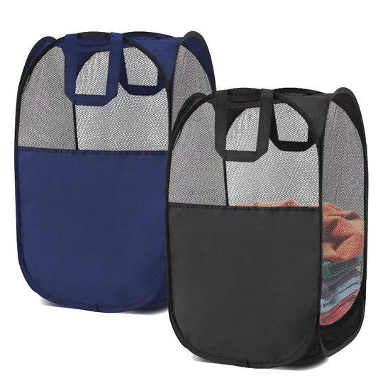 BENJUNC 2 pop-up foldable mesh laundry baskets (each with 2 reinforced handles), black + blue…