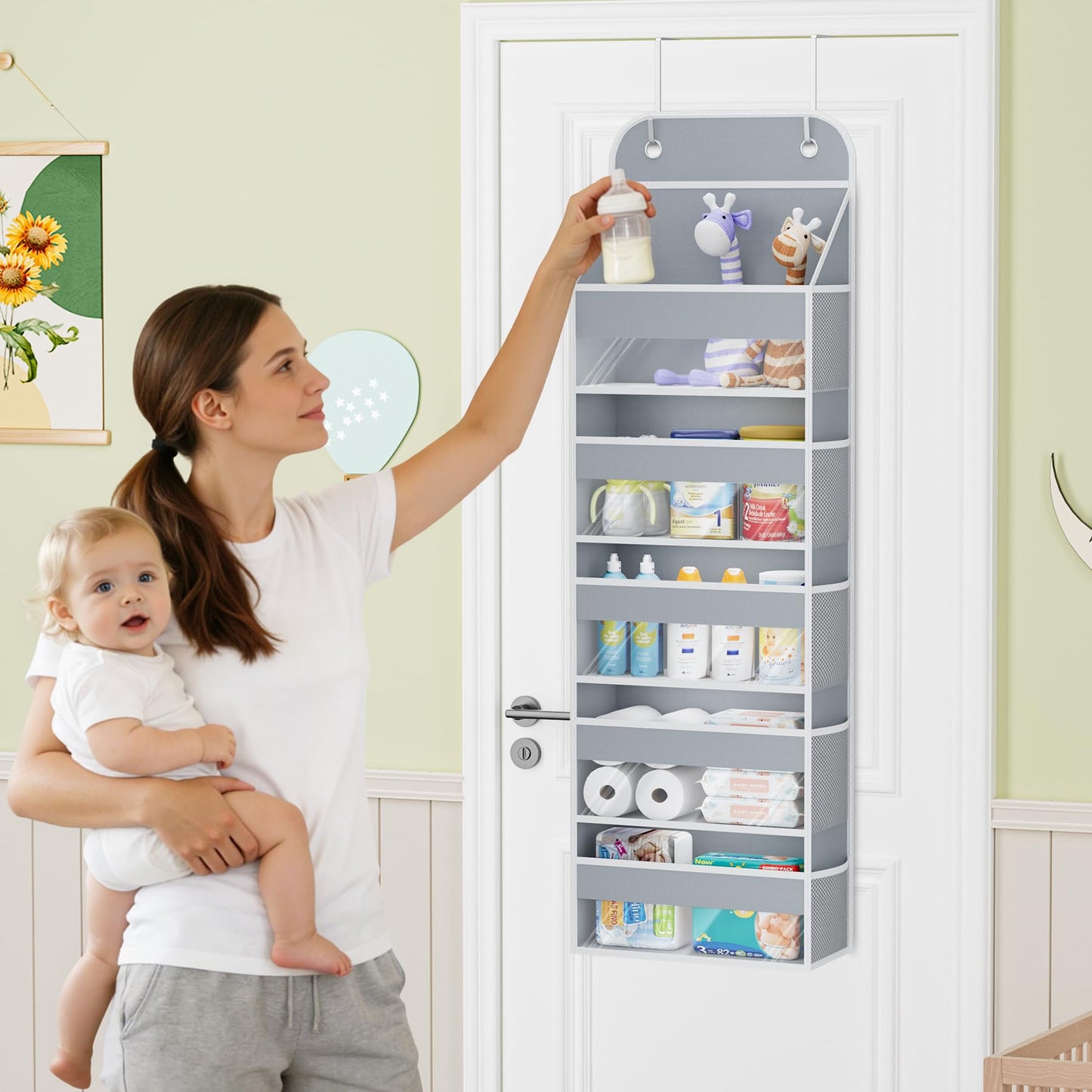 COOLBEBE Over the Door Organizer, 5-Shelf Hanging Organizer with 10 Side Pockets, 44LB Behind the Door Storage for Bathroom Bedroom Closet and Baby Essentials, Grey