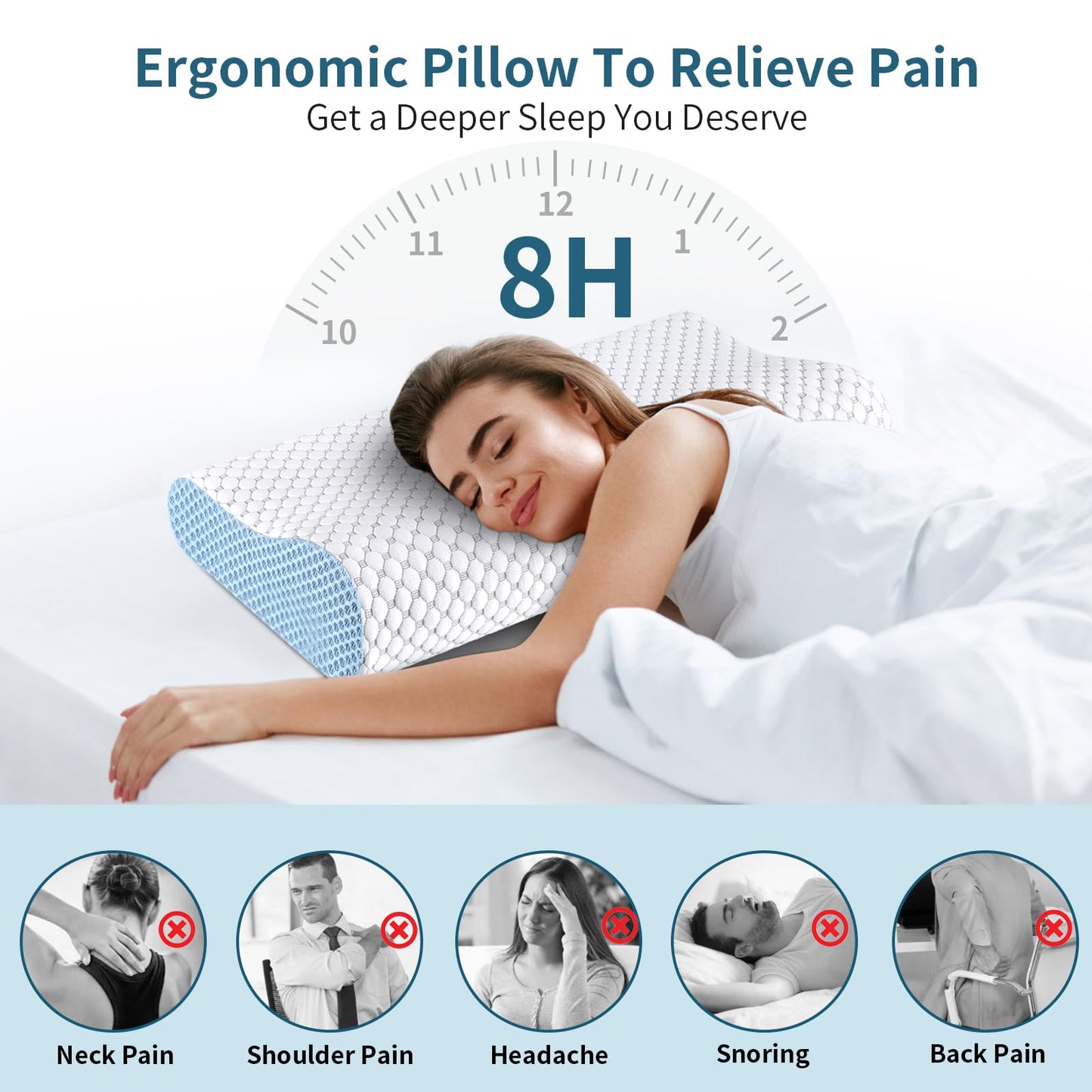 Cervical Neck Pillow for Pain Relief - Ergonomic Contour Memory Foam Pillows, Cooling Side Sleeper Pillow for Sleeping, Orthopedic Bed Pillow for Back Stomach Sleepers with Pillowcase(White & Blue)