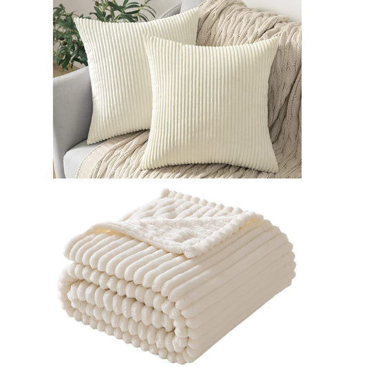 MIULEE Pack of 2, Corduroy Soft Soild Decorative Square Throw Pillow Covers Set Cushion Cases Pillowcases for Sofa Car 18 x 18 Inch Cream White Bundle Cream White Fleece Blanket 50x60 inch