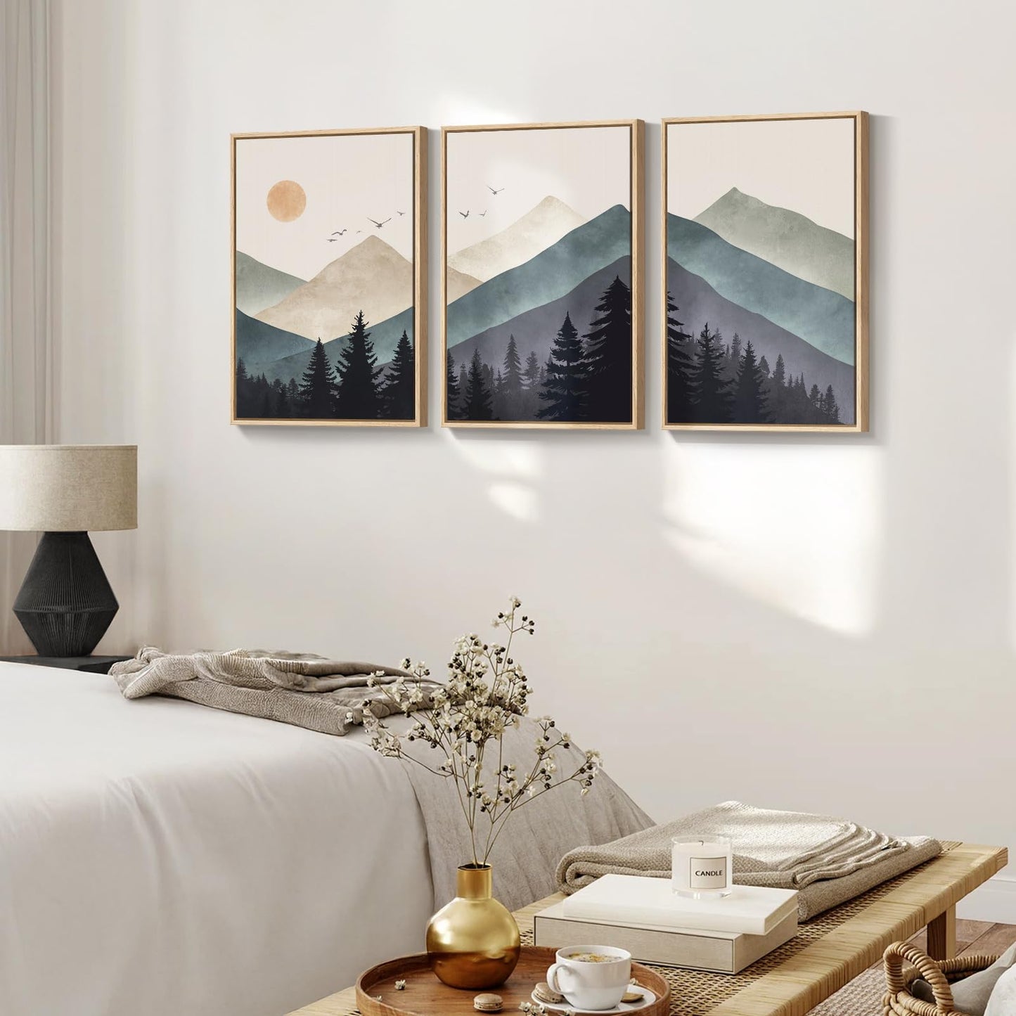 Cuspin Boho Framed Mountain Forest Landscape Wall Art, 3 Piece Bohemian Canvas Prints, Modern Nature Wall Art for Living Room, 3 Count, 16x24 Inch