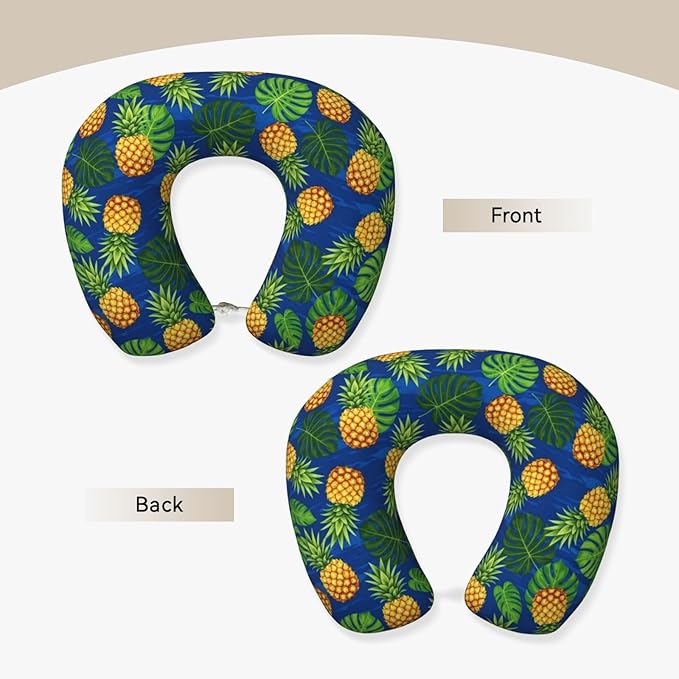 Neck Support Pillow, Comfortable Memory Foam Car/Flight/Airplane Chin Pillows U Shaped Cushion for Office Travel Sleeping Tropical Banana Palm Leaves Pineapples