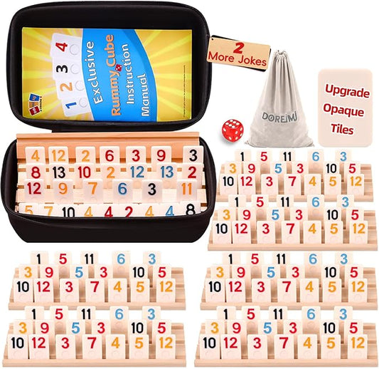 Upgraded Rummy Cube Game Set 6 Plays with 6 Wooden Holders and 162 Rummy Tiles, Travel and Family Board Game for Adults and Kids Age 8+,Birthday Gifts for Women Men Dad Mom