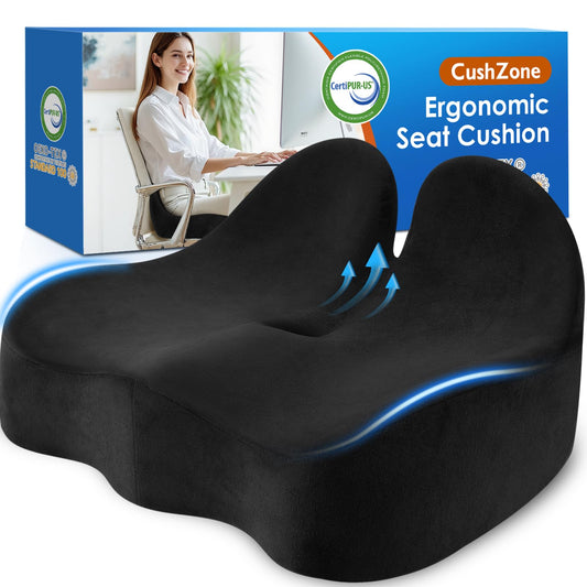 CushZone Seat Cushion, Ergonomic Memory Foam Seat Cushions for Office Chairs, Car, Long Trip, Desk Chair, Lab, Extra Large Size for Sciatica & Hip & Tailbone Pain Relief, Sciatica Support (Black)