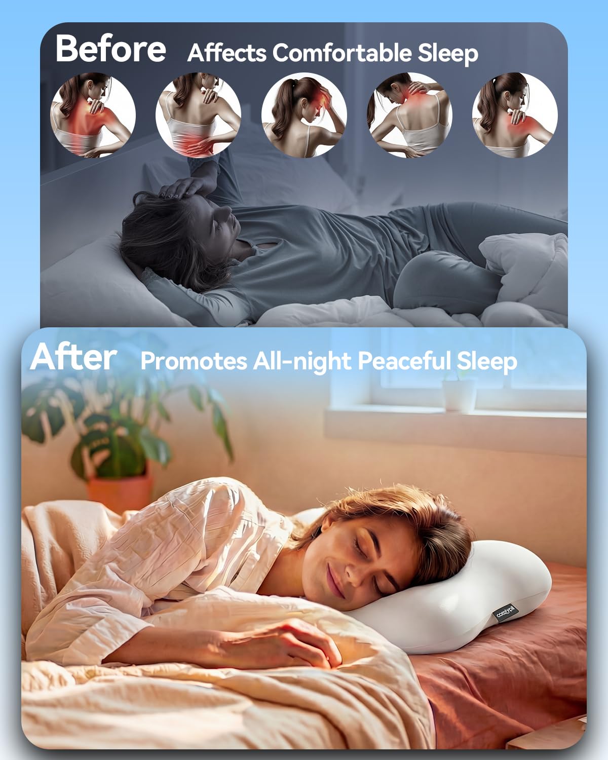 COMFYPIL Cervical Pillow for Neck Pain Relief, Ergonomic Contour Memory Foam Pillow for Side Back Stomach Sleepers, Deep Sleep Pillow for Cloud-Soft Shoulder Support with Cooling Pillowcase, White
