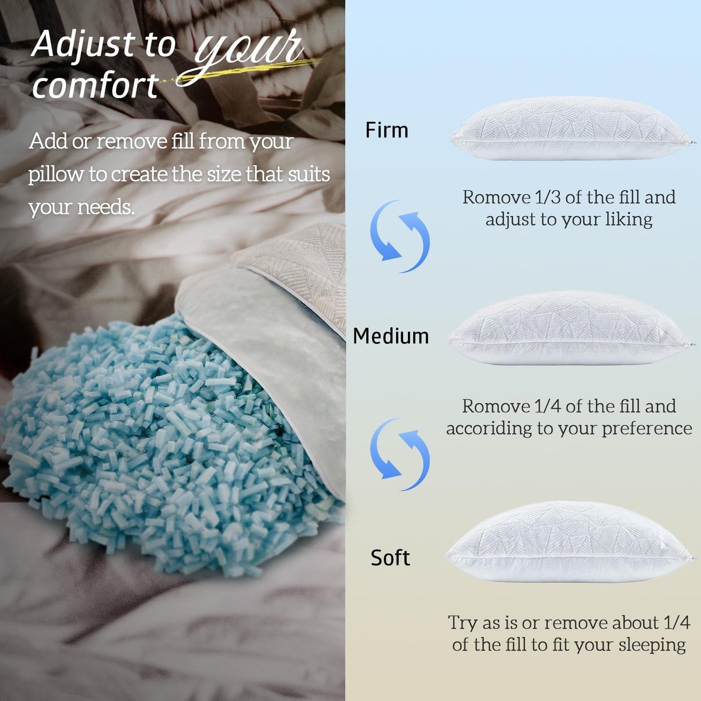 BETU Cooling Pillow Queen Size, Shredded Memory Foam Pillow for Hot Sleepers, Adjustable Firm Soft Support Pillows, Cool Bed Pillows for Side Back Stomach Sleeping Sleepers, gifts for boyfriend, White