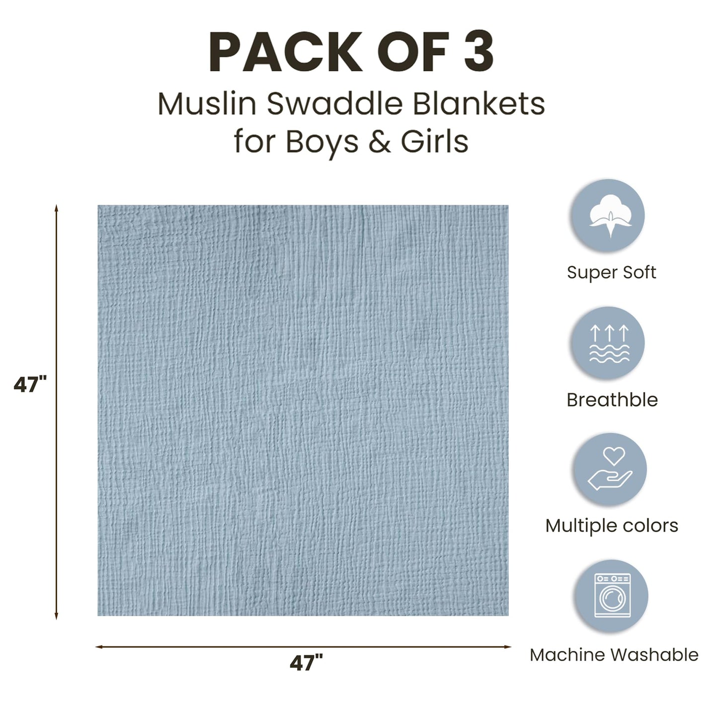Konssy 3 Pack Muslin Swaddle Blankets for Unisex, Newborn Receiving Blanket, Large 47 x 47 inches, Soft Breathable Muslin Baby Swaddles for Boys & Girls