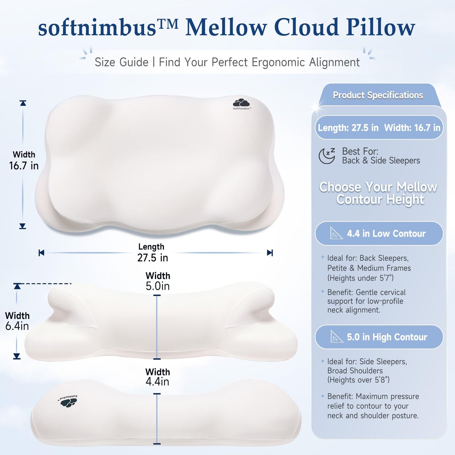 Mellow Cloud Pillow (2026 Upgraded) – Ergonomic Cervical Support Pillow, Dual-Sided Firmness for Neck Alignment, Breathable Memory Foam with Washable Cover for Side/Back Sleepers, Queen Size
