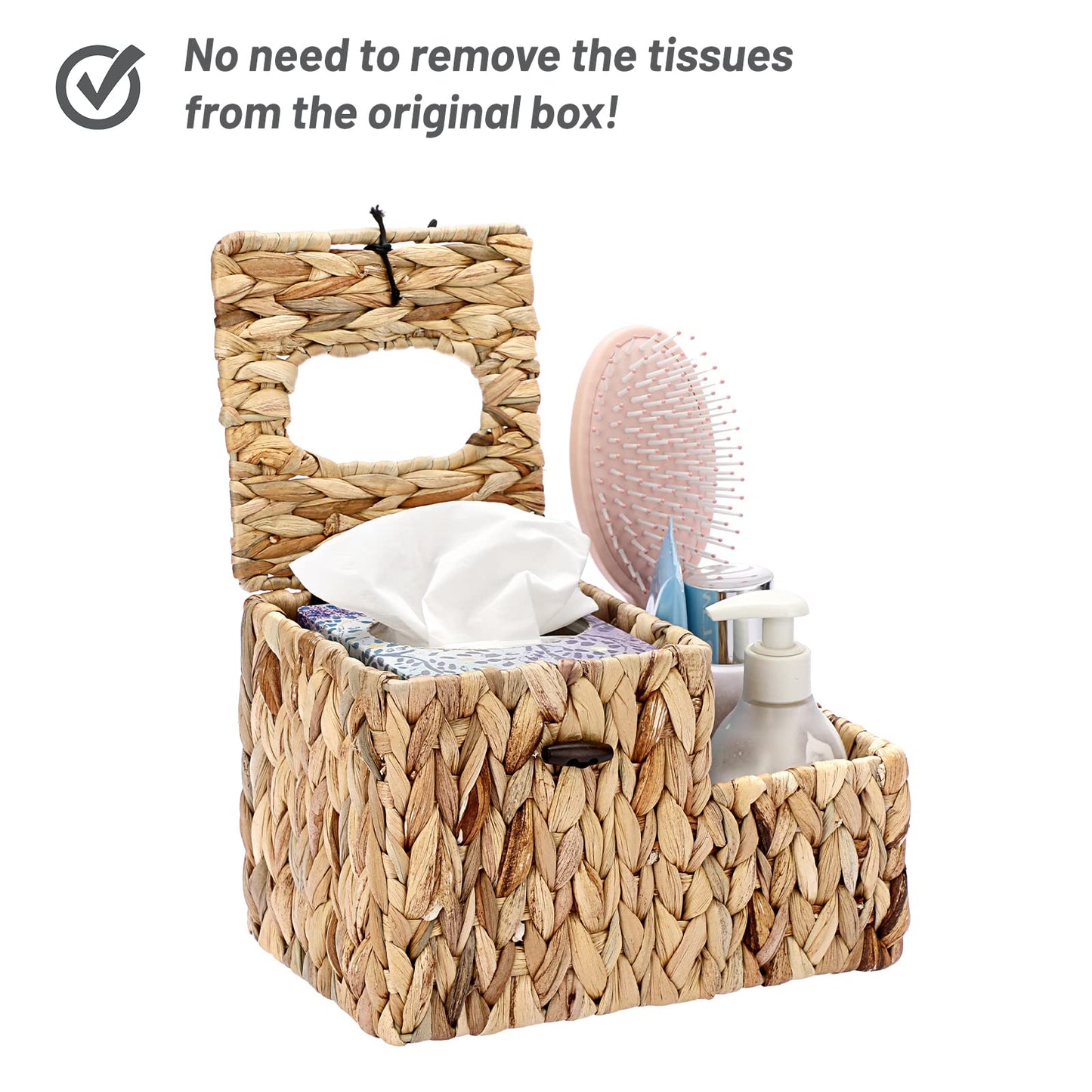 Sumnacon Square Woven Tissue Box Cover - Decorative Cube Wicker Tissue Box Holder with Side Organizer, Rustic Water Hyacinth Tissue Holder for Living Room Vanity Night Stand Table Countertop Office