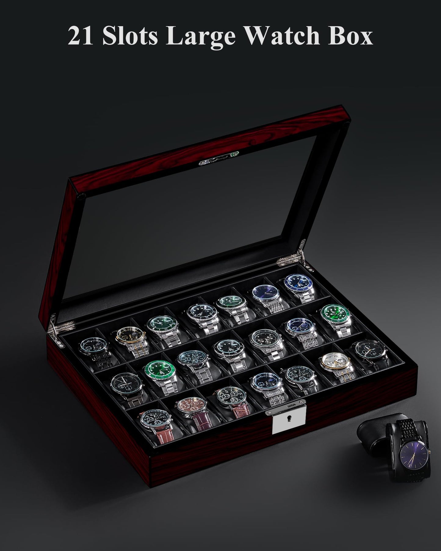 ANWBROAD 21 Slot Watch Cases for Men Watch Box with Large Glass Lid Lockable Wood Watch Display Case Watch Organizer Giftable Elegant Watch Holder Fathers Day UJWB004Y
