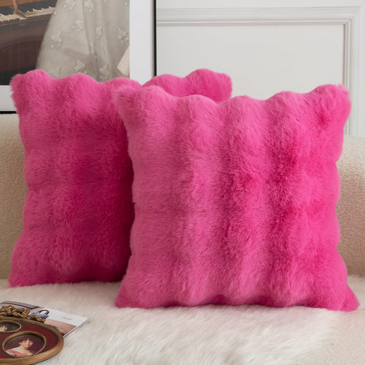 MANDIOO Pack of 2 Thick Plush Wool Decorative Throw Pillow Covers Super Soft Wave Bubble Fur Velvet Cushion Covers Pillow Shams for Couch Bed Living Room 16x16 Inch Hot Pink