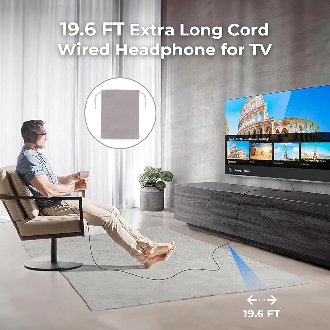 Long Cord Tv Headphones for Seniors with Volume Control Wired Over The Ear Headphone Corded Extra Long Cord Length Universal 3.5mm AUX Audio(19FT)