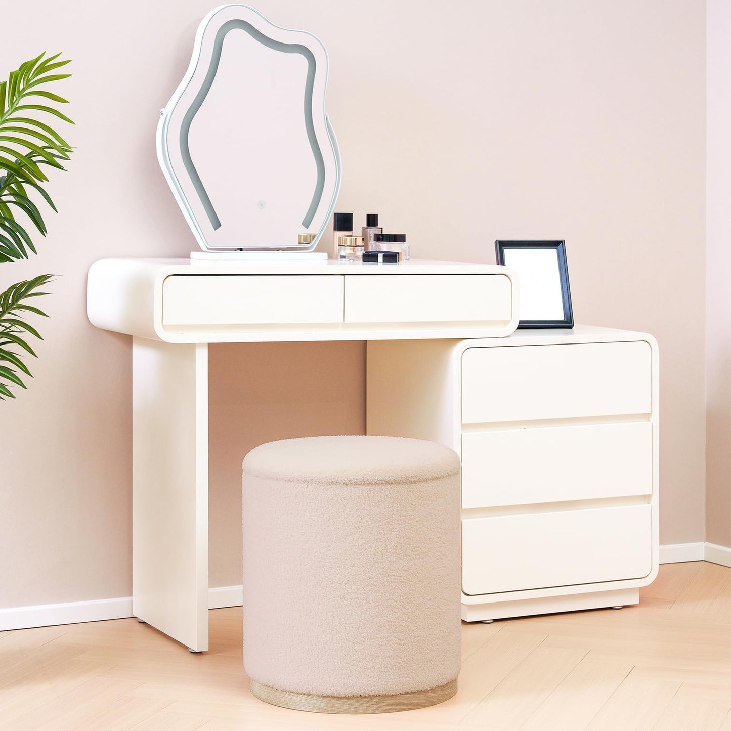 PINPLUS Round Ottoman with Storage Set of 2, Vanity Stool with Storage, Small Ottoman with Tray Teddy Velvet Foot Rest Stool for Bedroom, Living Room, Dorm (Beige)