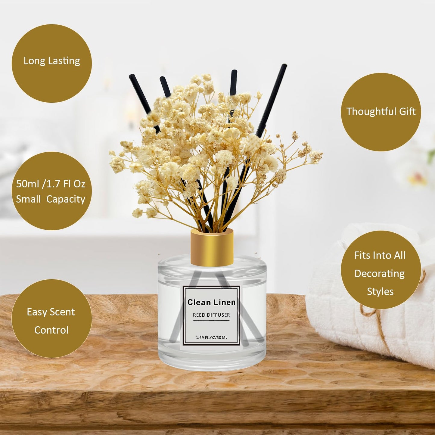Pierides Reed Diffuser Set of 3 Pack,Clean Linen,Eucalyptus & Mint,Ocean Scented Oil Diffuser with 4 Sticks,Reed Diffusers for Home,Living Room,Bathroom Air Freshener Diffuser,50ml x 3