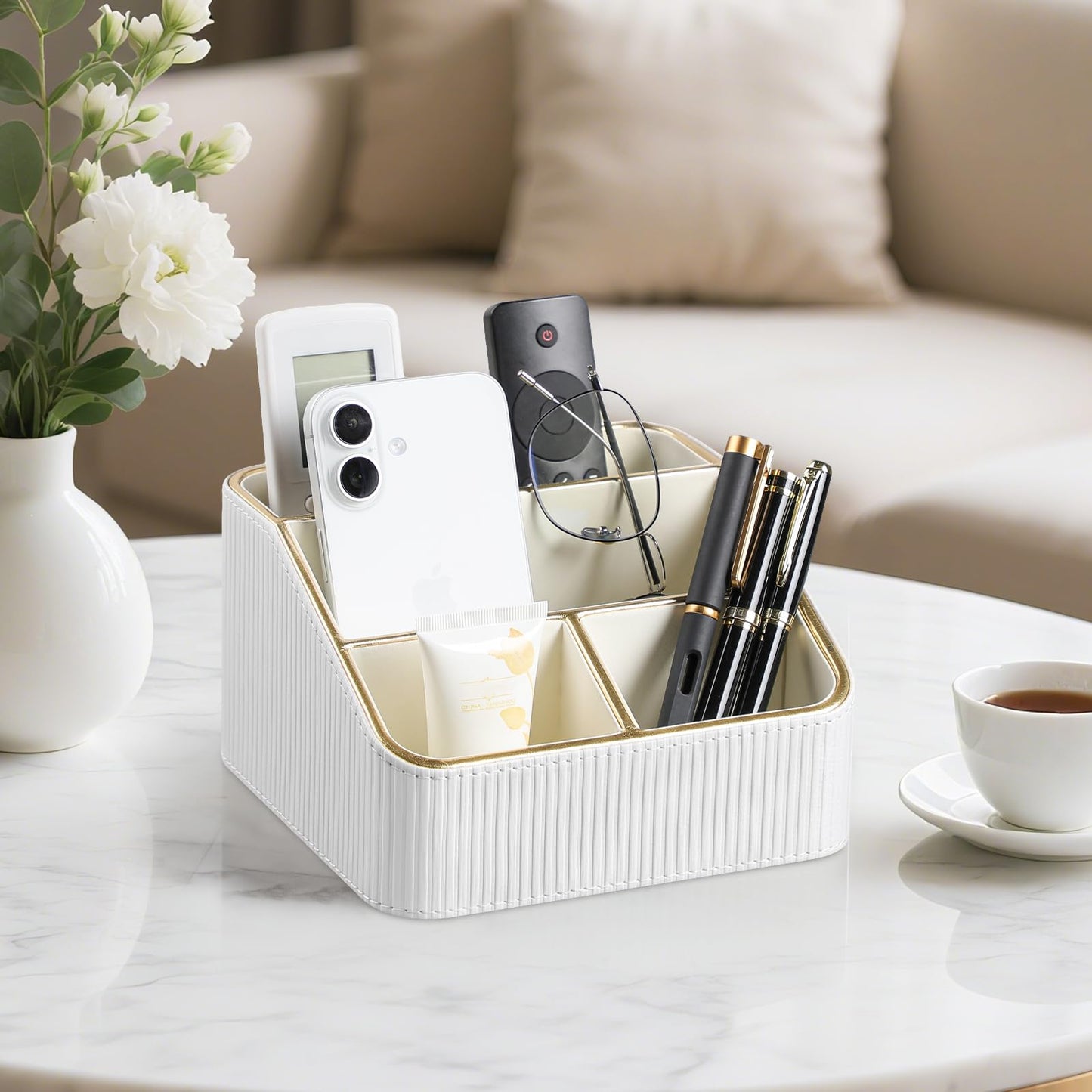 Cretkhp Remote Control Holder with 4 Compartments, PU Leather Small Nightstand Organizer for Home Desk Accessories Office Supplies, Multifunctional Stylish Small Bedside Desktop Organizers (White)