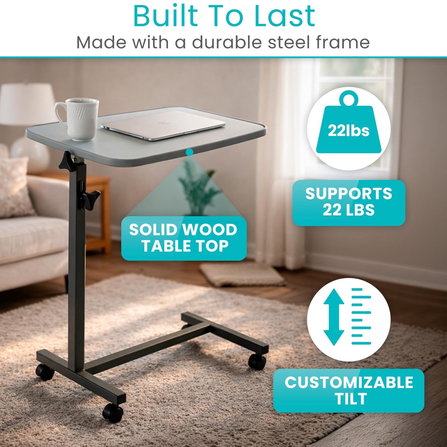 Vive Overbed Hospital Bed Table for Home Use - Adjustable Swivel Wheels & Tray for Over Bed - for Medical Bedside Chair - Adjustable Height, Tilt Top for Reading, Laptop, Bedridden, Elderly, Seniors