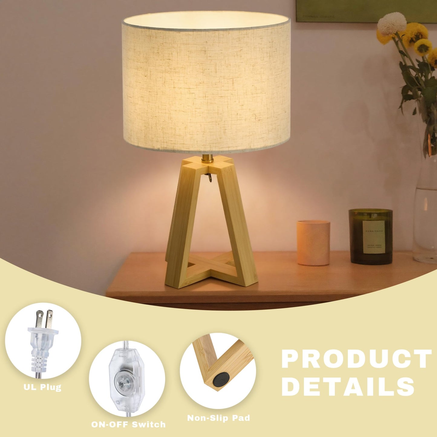 Booniture Cross-Base Table Lamp, Small Bamboo Bedside Lamp with Beige Linen Lampshade, Boho Modern Nightstand Lamp for Bedroom Living Room Office,E26 Socket (Natural Color)