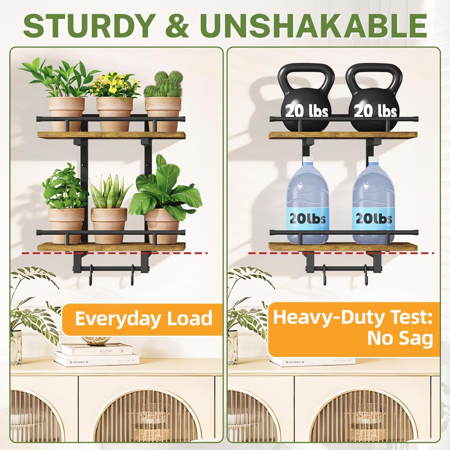 iDavosic.ly Wall Plant Holder Set of 2, 2 Tier Indoor Floating Shelves with 4 Hooks for Hanging Plants, Wall Mounted Space Saving Display Stand for Living Room Bedroom (Pots/Chains Not Included)