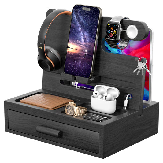 melafa365 Nightstand Organizer for Men,Phone Docking Station with Cable Management,Night Stand with Drawer,Bedside Organizer for Watches,Keys,Wallets,Gifts for Men（Black）