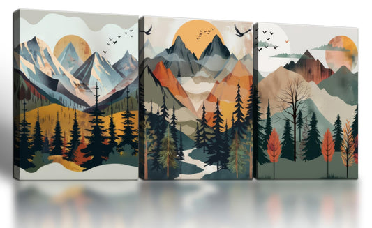 Framed Boho Landscape Wall Art Set of- 3 Canvas Print, Abstract Nature Pictures, Forest and Sunset,Posters Modern Minimalist Paintings for Living Room, Bedroom Office Ready to Hang12x16Inch
