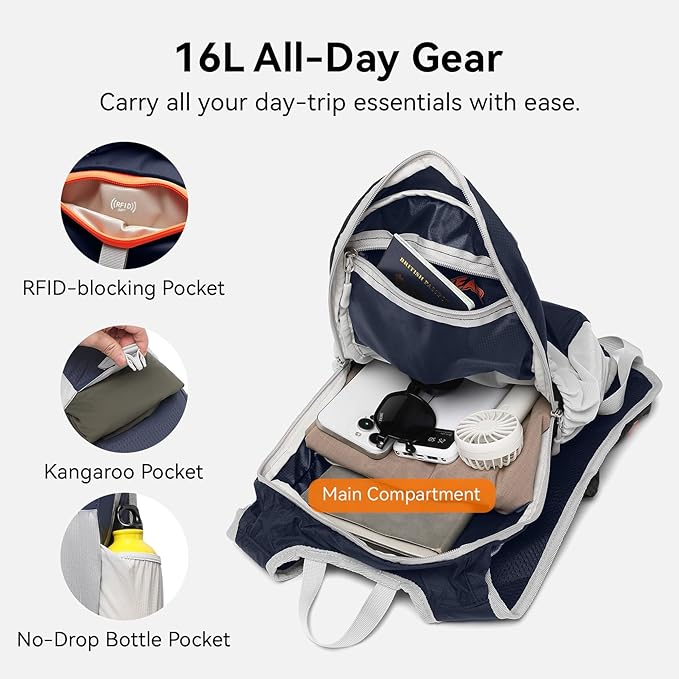 CROSSGEAR 16L Lightweight Hiking Backpack, RFID Foldable Packable Backpack for Women Men, Water Resistant Small Hiking Daypack Navy Blue