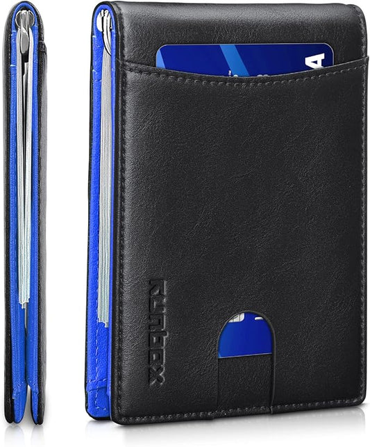 RUNBOX Slim Wallet for Men Genuine Leather RFID Blocking Bifold Minimalist Front Pocket Mens Wallet with Money Clip Thin Gift Box