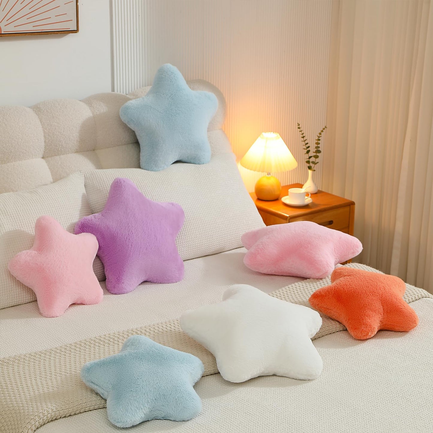 YRXRUS Star Pillows, White Star Shaped Pillow, Decorative Throw Pillow Gifts, Cute Plush Room Decor, Fluffy Faux Rabbit Fur 14"x14"Pillows for Living Bedroom