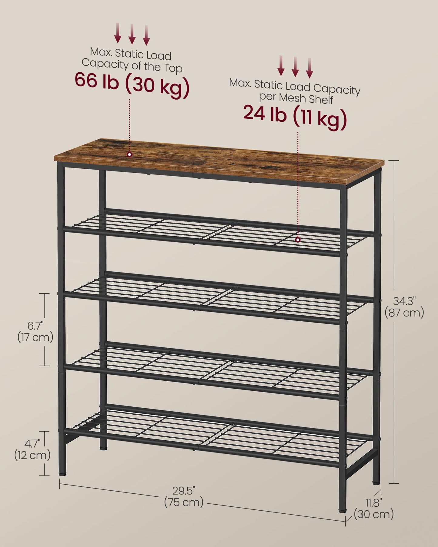 VASAGLE Shoe Rack, Shoe Storage Rack for Closet, Entryway, Living Room, Free Standing Metal Organizer Shelf, 5 Tiers, 11.8 x 29.5 x 34.3 Inches, for 18–24 Pairs, Rustic Brown and Ink Black ULBS050KD01