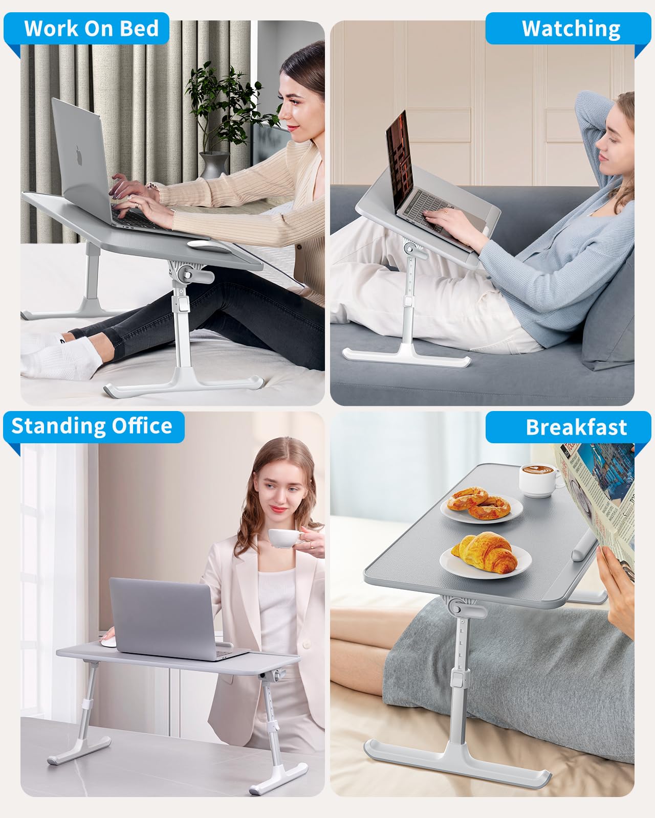SAIJI Leather Lap Desk Laptop Bed Tray Table, Adjustable Laptop Stand for Bed, Portable Lightweight Standing Desk for Writing Eating Reading Couch Sofa Floor for Adults Kids (20.5"*11.8",Gray)