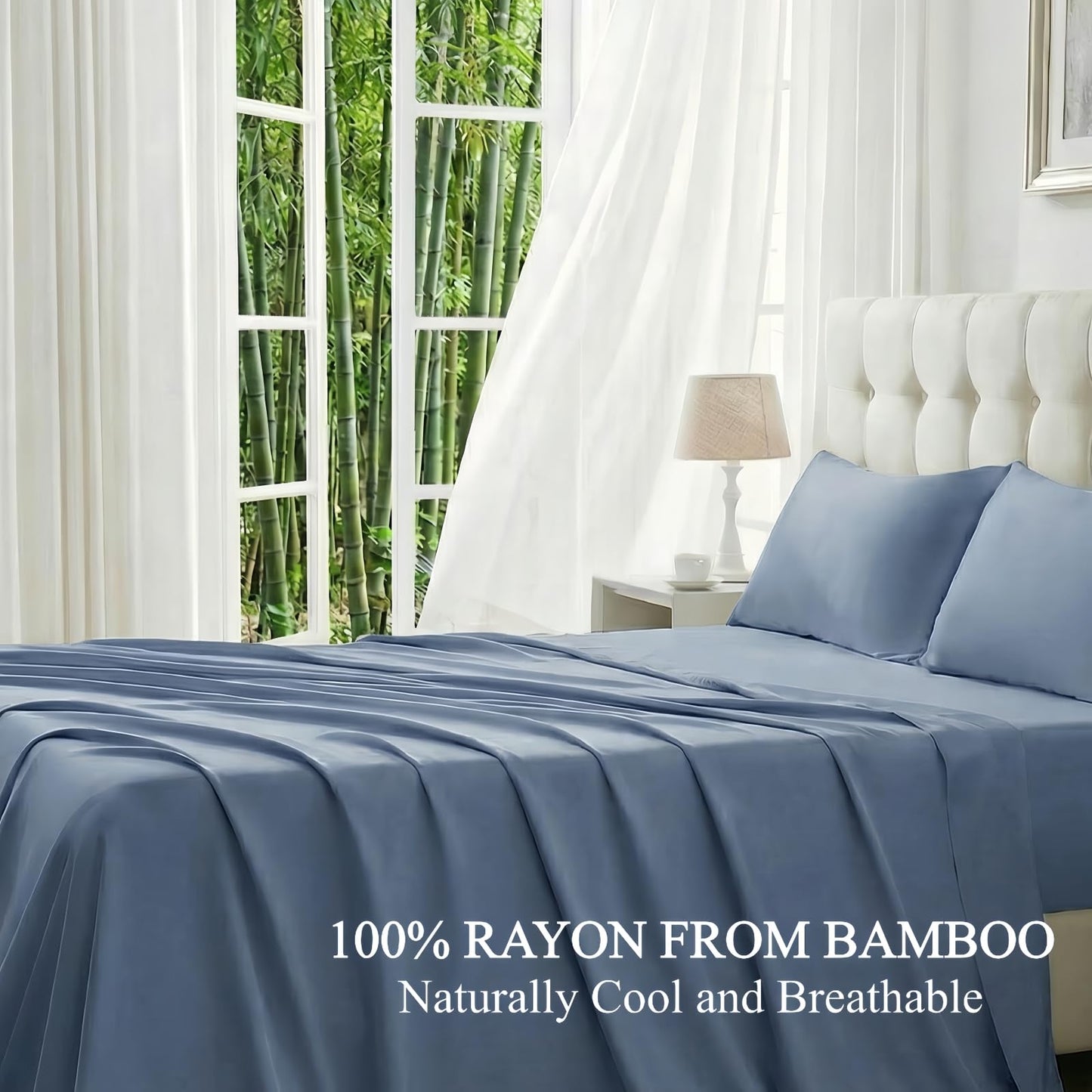 Genuine 100% Viscose Derived from Bamboo Sheets Queen Size, Natural Cooling for Hot Sleepers Breathable Luxuriously Soft Cool Silky Sheet Set with 15" Deep Pocket Fitted, 4 Piece (Queen, Navy Blue)