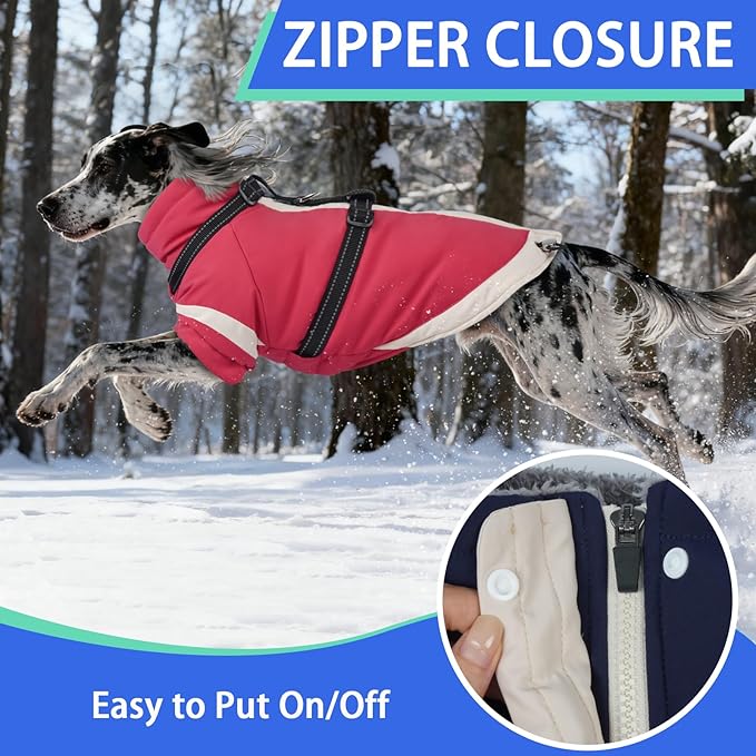 MIGOHI Reflective Dog Winter Coat,Warm Dog Jacket with Harness,Fleece Jacket for Large Dogs,Waterproof Pet Puffer Jacket Snowsuit,Windproof Pet Clothes for Cold Weather,Australian Shepherd,XL,Pink