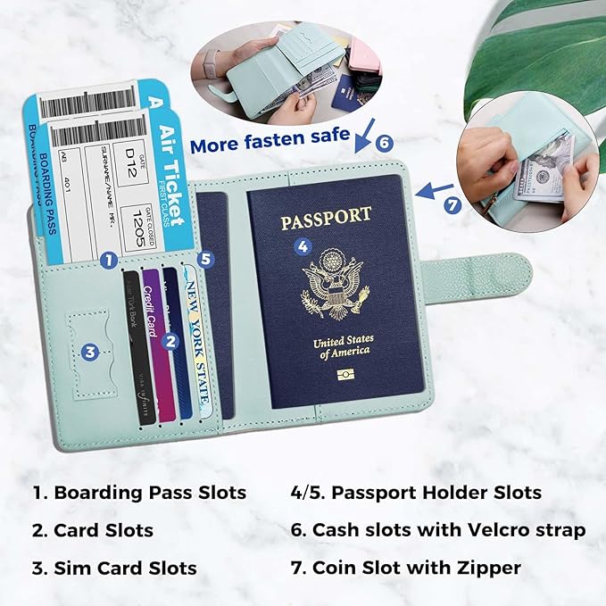 Cnycmy Passport Holder with RFID Blocking, Cash Pocket & Back Zipper Coin Pocket - Travel Document Holder, Magnetic Button, Multiple Card Slots - Soft PU Leather for Men and Women(AQUA GREEN)