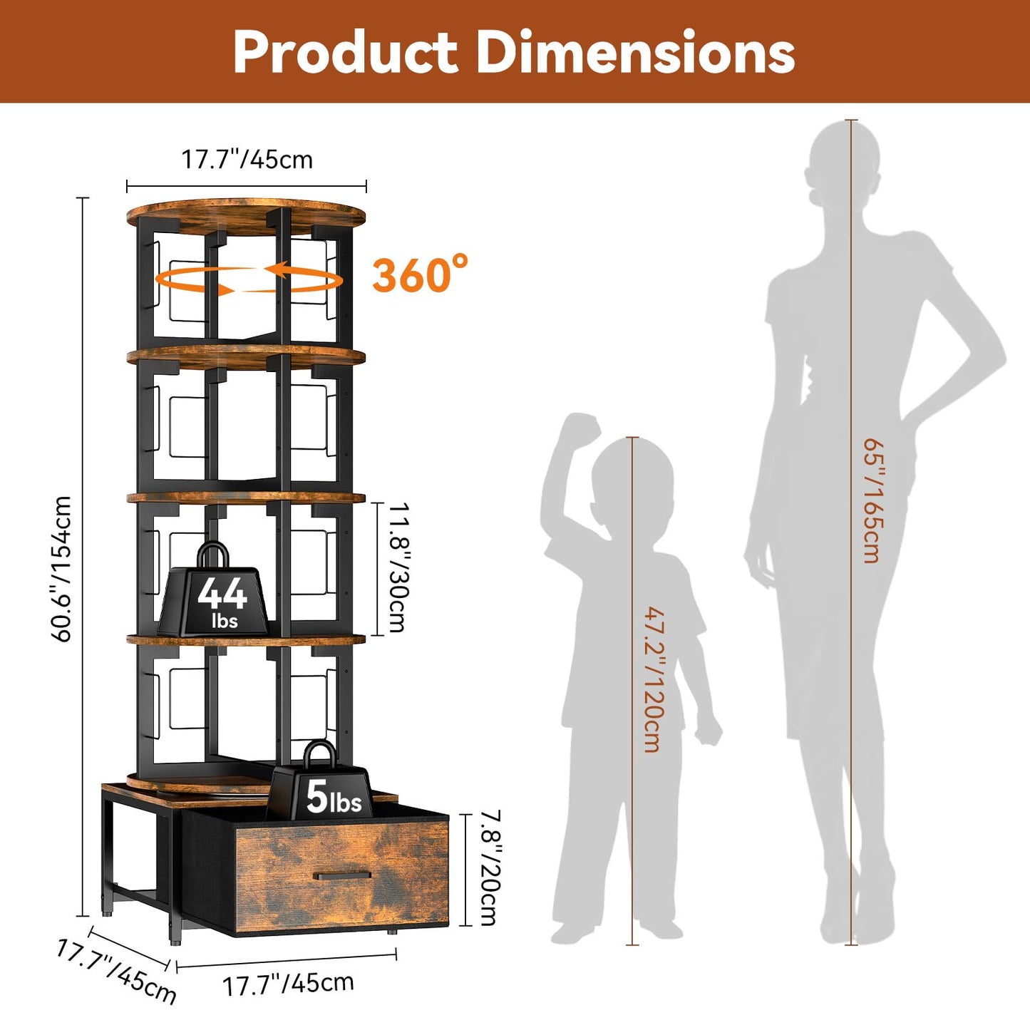 Housolution 5 Tier Rotating Bookshelf Tower, 360° Spinning Book Shelf with Fabric Drawer, Round Revolving Bookcase Organizer, Narrow Swivel Bookshelves Turning Corner Bookshelf for Small Space, Brown