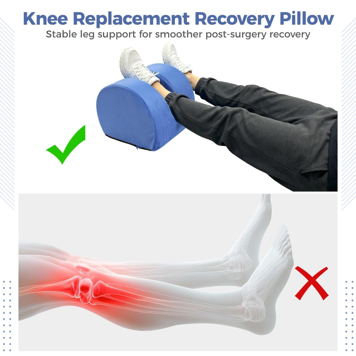 ZALIR Knee Replacement Recovery Pillow, Memory Foam Leg Elevation Cushion with Ankle Support, Orthopedic Support Pillow for Post Surgery Knee Recovery, Hip Rehabilitation, Injury and Rest (Blue)