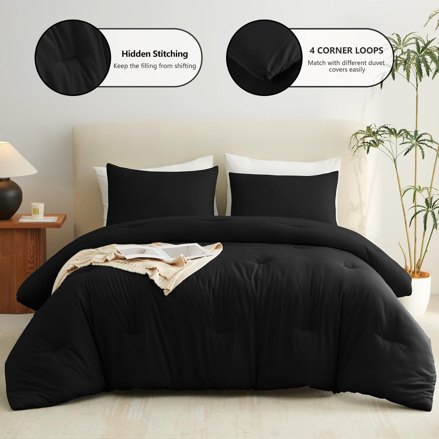CozyLux Queen Comforter Set Black, 3 Pieces Lightweight Comforters Queen Size Quilted Bedding Sets, All Season Breathable Solid Down Alternative Comforter with 2 Pillowcases, Soft Bed Set for Home