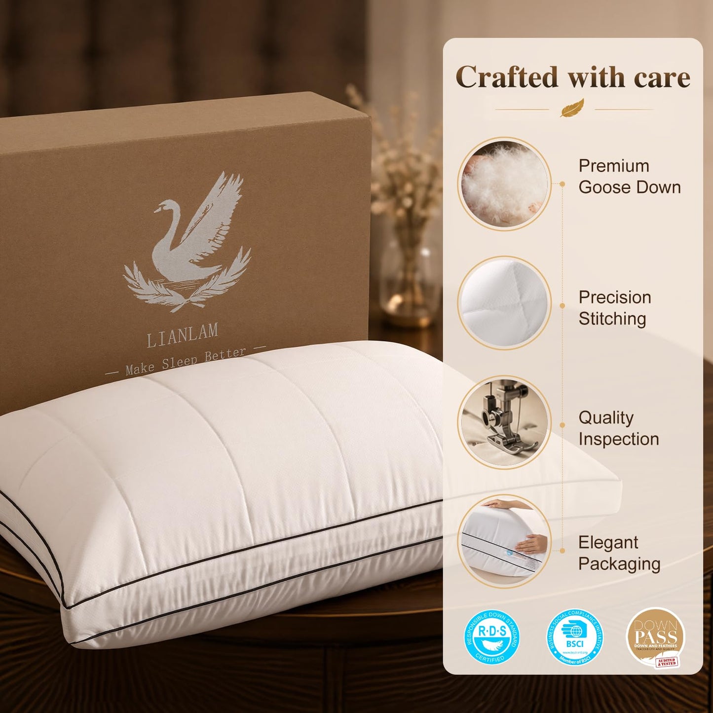 LIANLAM 3-Layer Adjustable Goose Down Pillow Standard Size, Modular Custom Height Pillow with Cooling Fabric, 80% Down 20% Feather, RDS & Oeko-TEX Certified for All Sleepers(1 Pack, 20"x26")