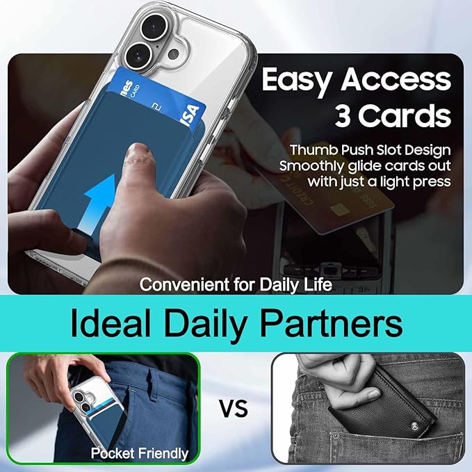 Ntwinro Magnetic for iPhone 16 Clear Case (Compatible with MagSafe) with Blue Detachable Wallet & Card Holder for 3 Cards [RFID Blocking] Military Grade Protective Slim Phone Cover