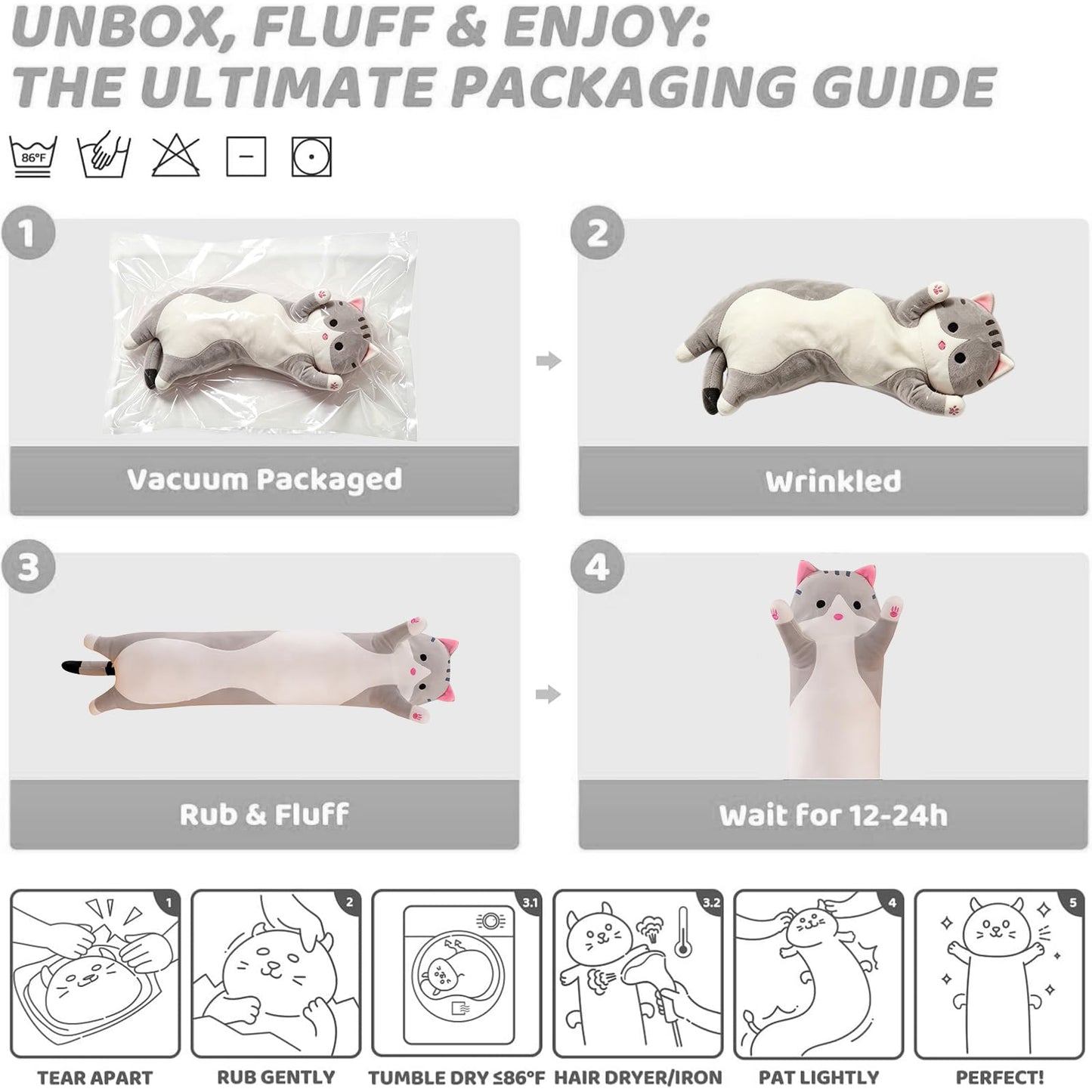 shangman Lovely Plush Cat Doll Cute Cartoon Soft Stuffed Kitten Pillow Long Throw Sleeping Toy Gift for Kids Girlfriend Multiple Size (Grey,50cm/19.6in)