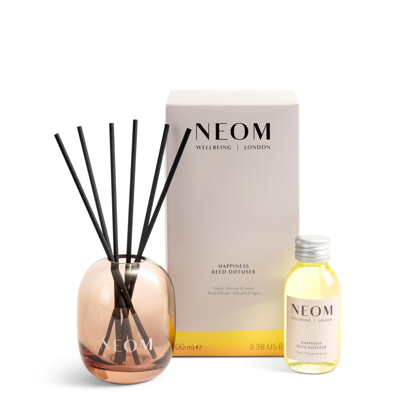 NEOM Happiness Reed Diffuser, 100ml | Neroli, Mimosa & Lemon I Lasts 12 Weeks I Pure Essential Oils I 100% Natural I Refillable & Reusable