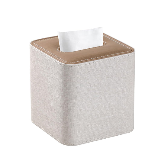 Cretkhp Square Linen Tissue Box Cover with Magnetic Closure, Modern PU Leather Tissue Box Holder for Bathroom Vanity Countertop Night Stands Bedroom Office Desk, Stylish Cube Tissue Holder (Linen)