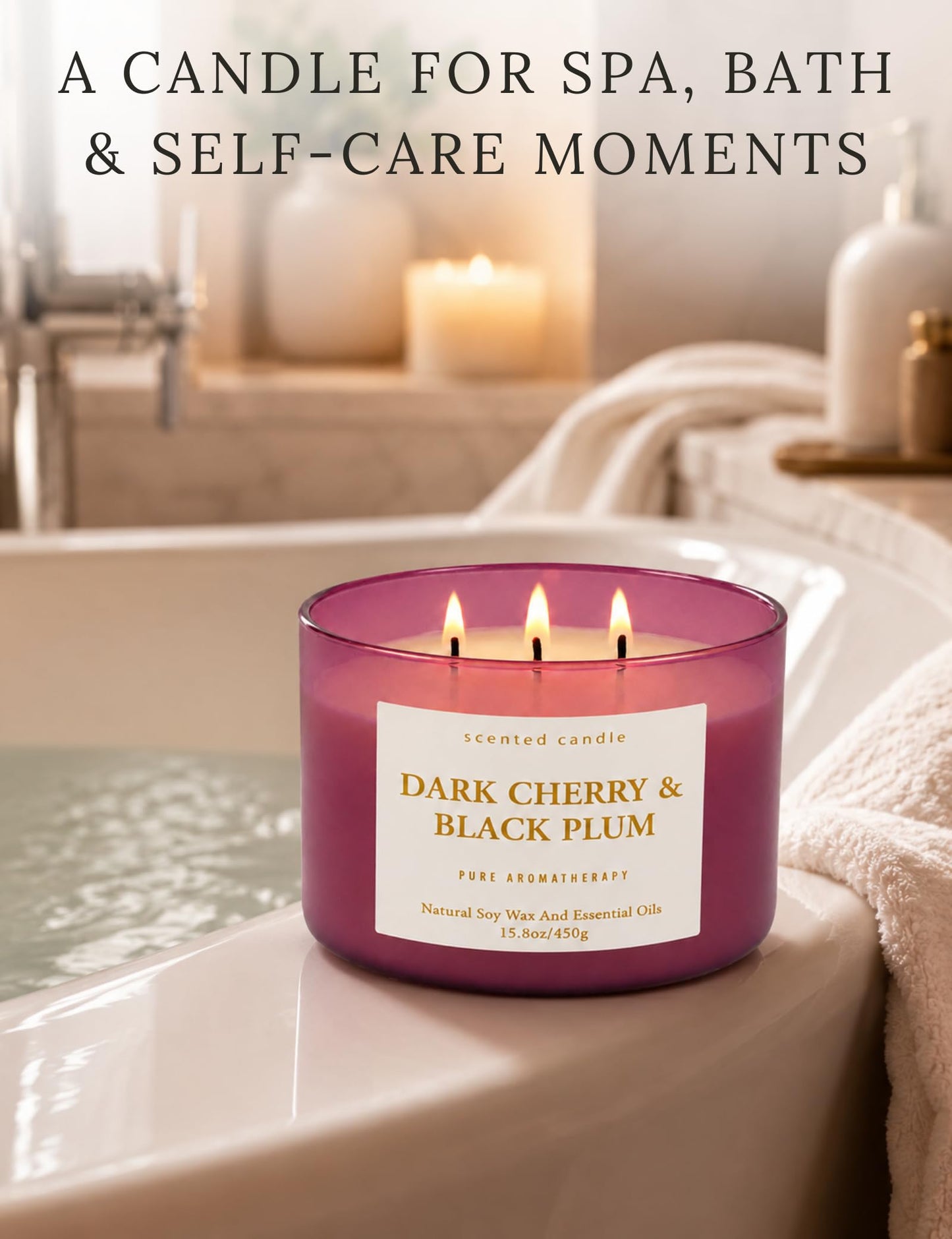 Dark Cherry Black Plum 3-Wick Soy Candle, 15.8 oz Scented Candle for Home