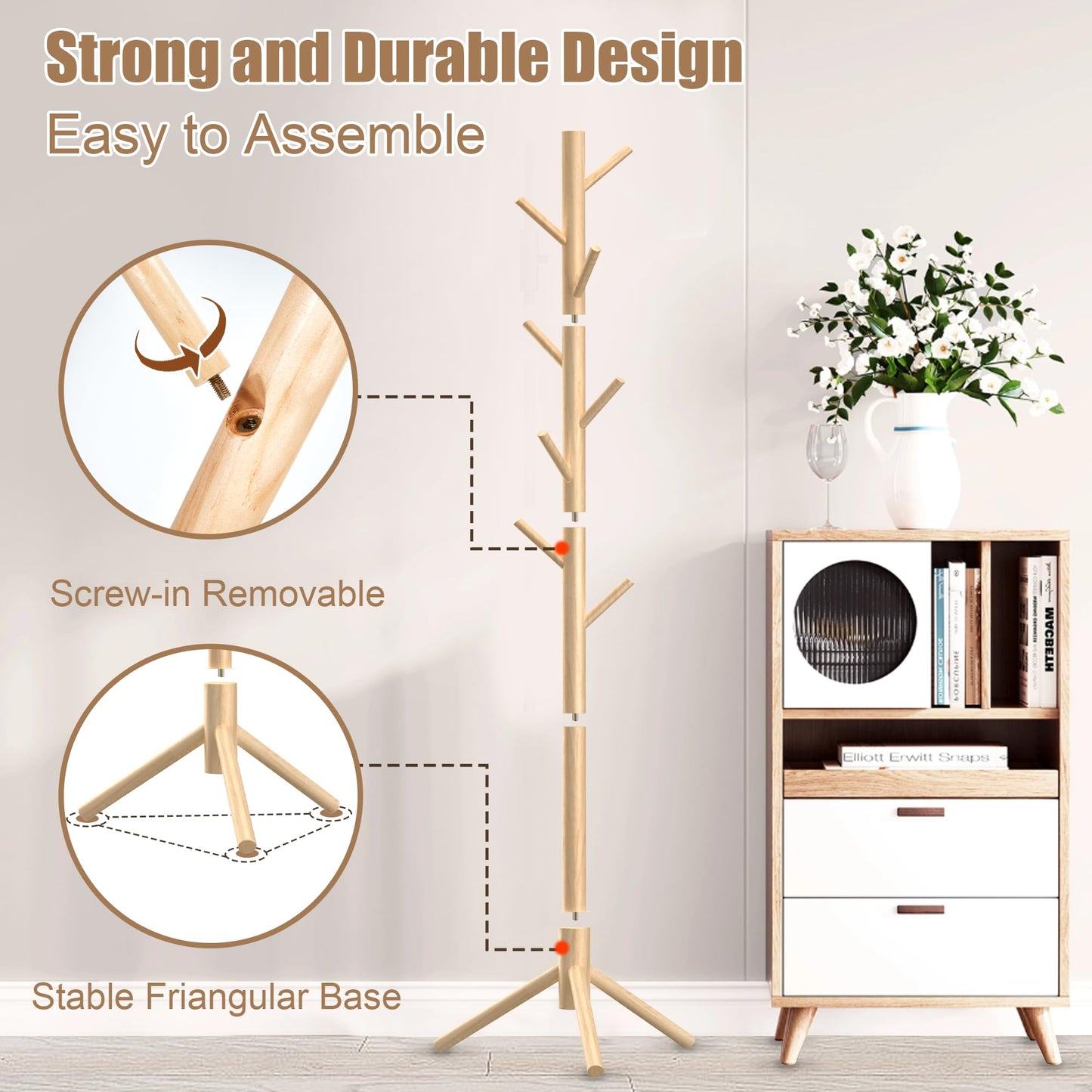 Aliphon Wooden Coat Rack Stand, Freestanding Coat Rack with 8 Hooks, 3 Adjustable Size Coat Tree for Hats, Coats, Scarves bags, Coat Hanger Stand Used in Bedroom/Office/Entryway (Natural)