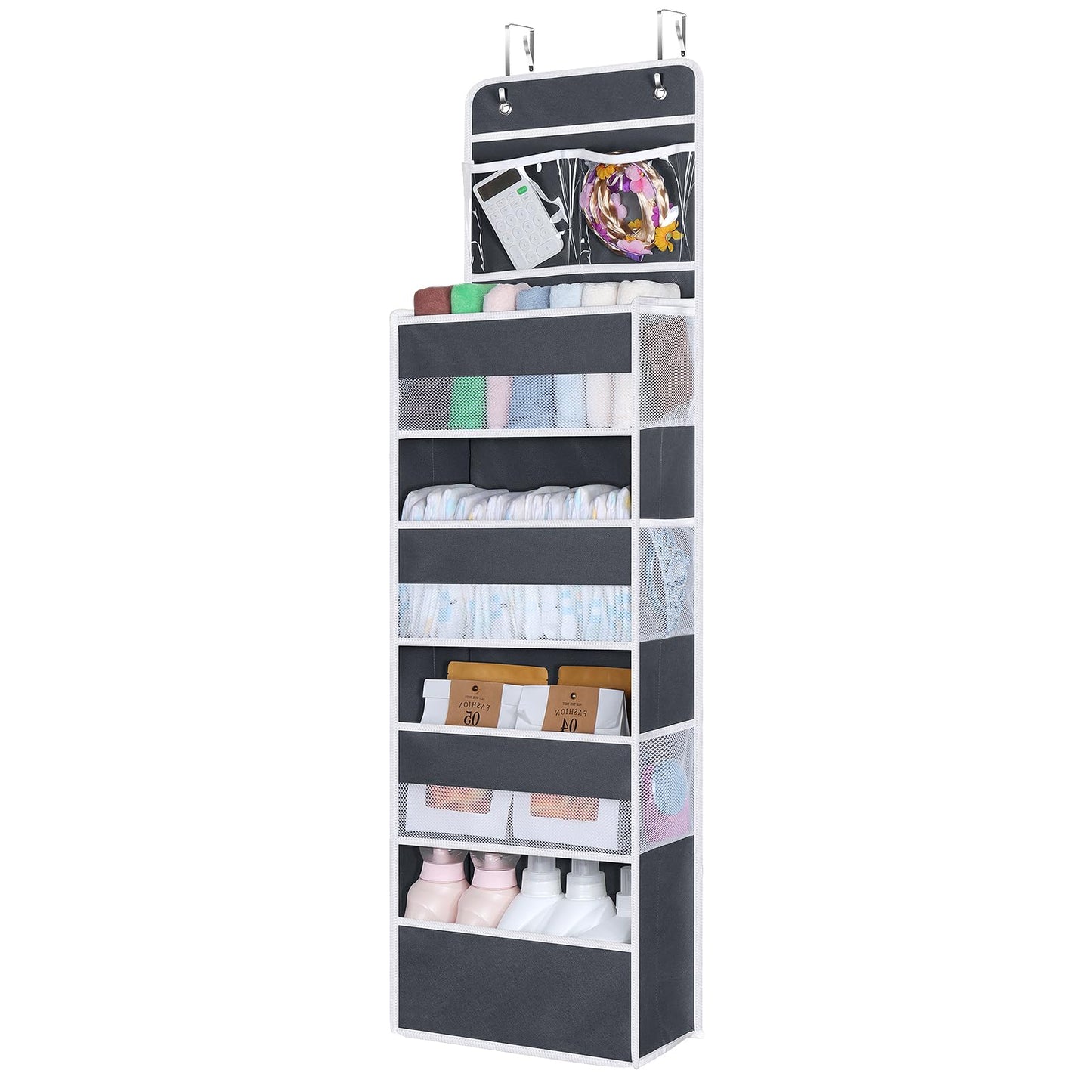 Univivi Over The Door Organizer with 6 Side Mesh Pockets, 5 Shelf Door Hanging Organizer Large Capacity Door Storage for Closet Nursery Bedroom Dorm and Baby Essential