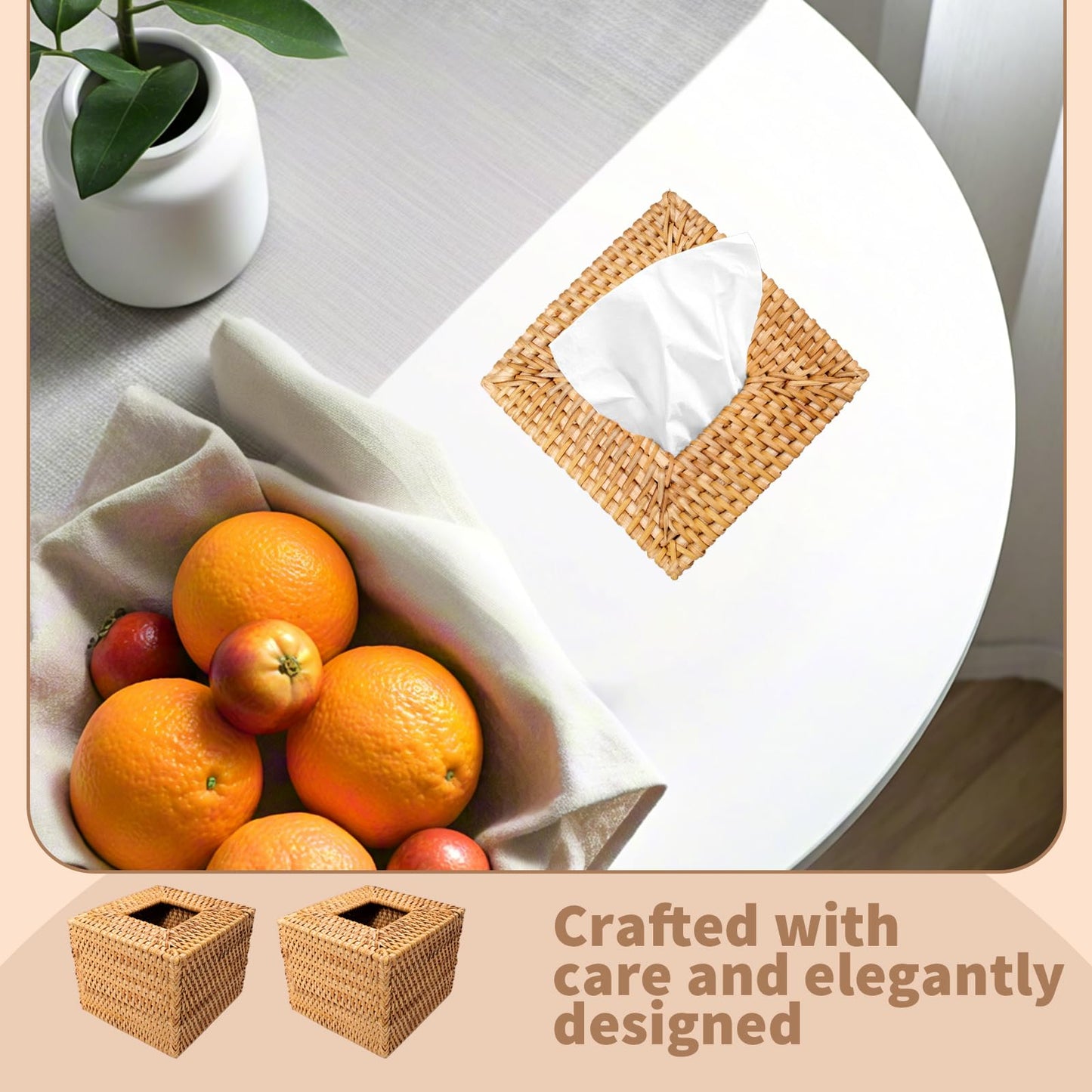 LECEHIVO 3 Pcs Square Rattan Tissue Box Cover Decorative Hand Wicker Woven Tissue Box Holder 5.5'' x 5.5'' x 5.5'' Boho Natural Tissue Cube Napkin Holder for Bathroom, Office, Car Accessories (Wood