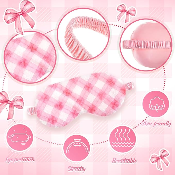 Cuffbow 6 Pcs Plush Sleep Eye Mask Silk Furry Eye Covers for Sleeping Cute Sleep Mask Fluffy Comfortable Sleeping Blindfold for Travel Sleepover Nap Party Supply Women(Plaid Bow,Pink)