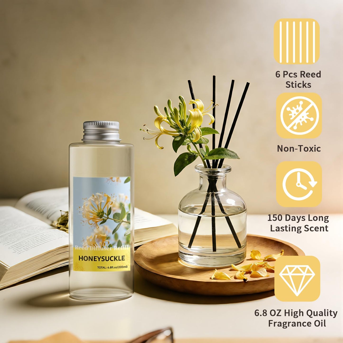 STRN Reed Diffuser Oil Refill, Honeysuckle Scented Diffuser Oil Refills with 6 Reed Sticks 200ML(6.8fl.oz), Room Fresheners for Home, Long-Lasting Summer Fragrance for Living Room, Bedroom, Office