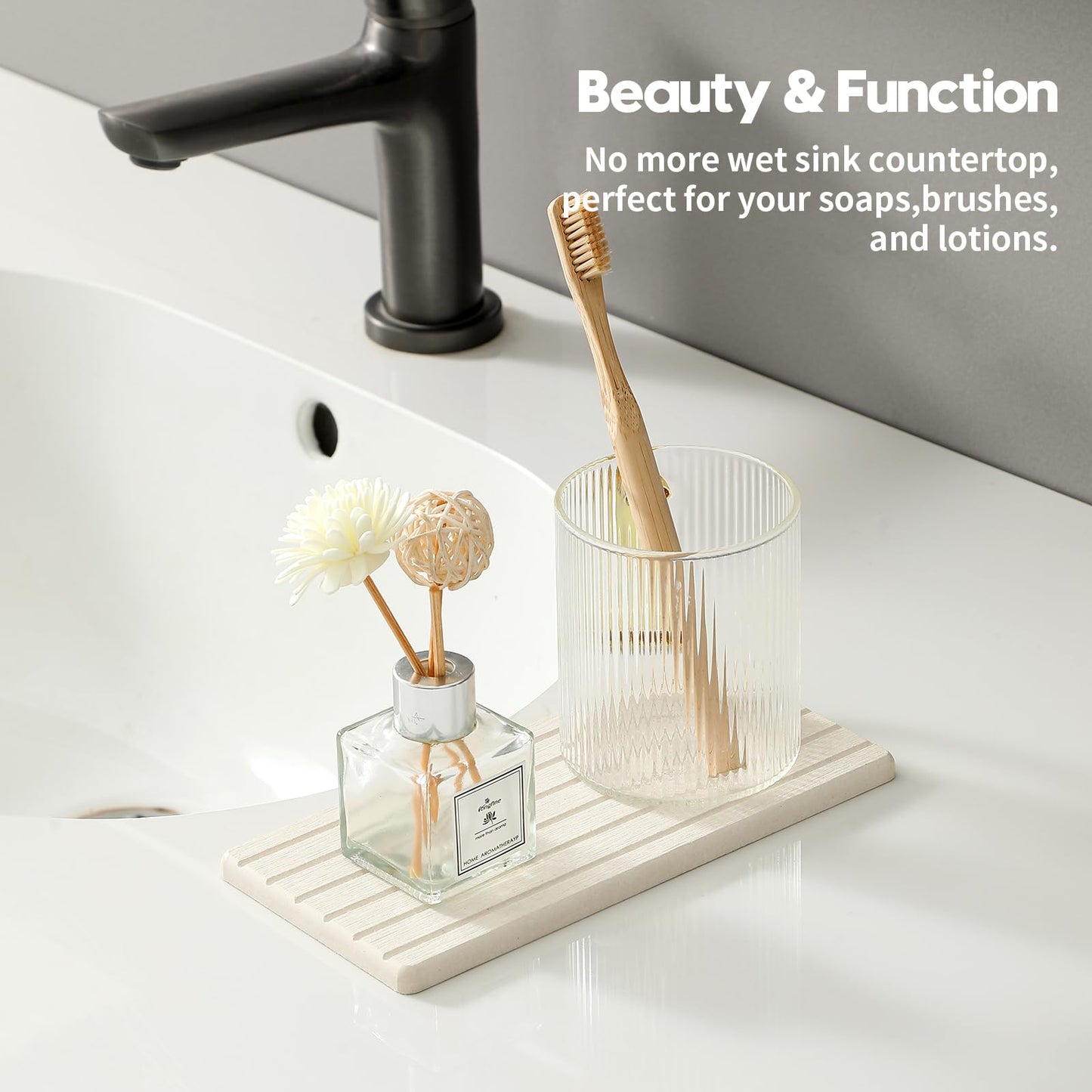 Razborci 2 Pack Greige Bathroom Sink Vanity Trays, Diatomite Stone Kitchen Counter Caddy Dish Soap Dispenser Sponge Holder, Water Absorbing Mat Organizer for Plant,Cosmetic Bottle, Beige, 8"x3.8"